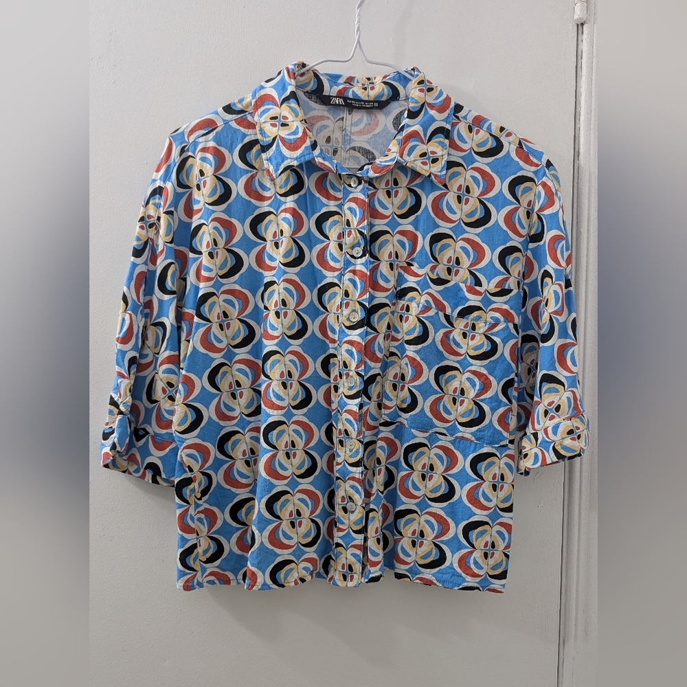 Zara Women's Blue and Orange Geometric Shirt